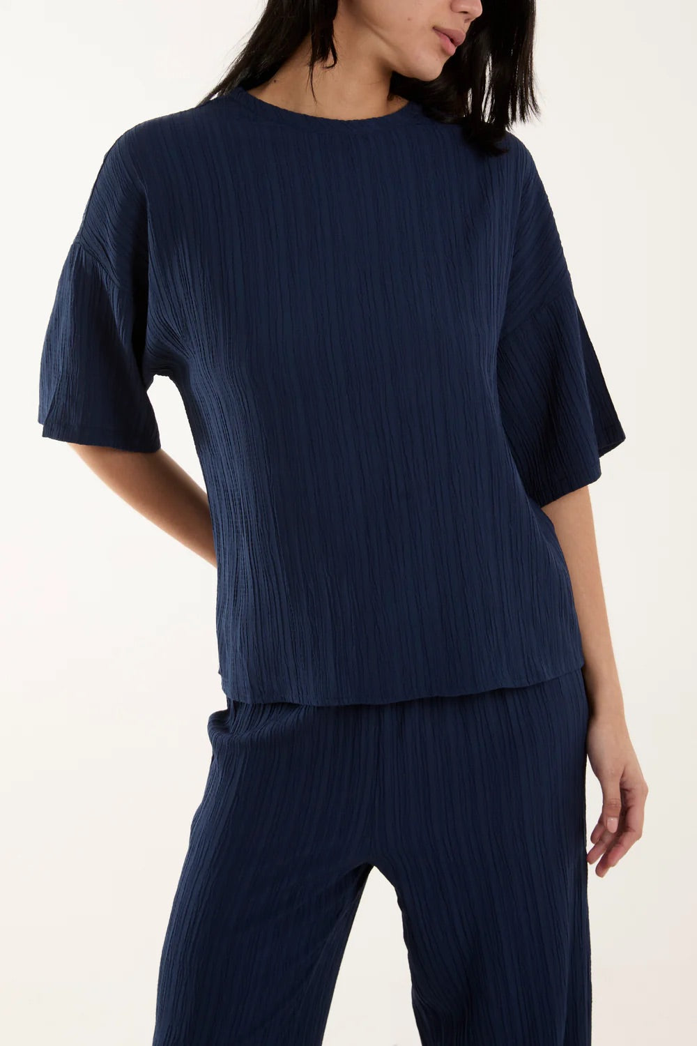 Plisse Button Back Co-ord Set Navy
