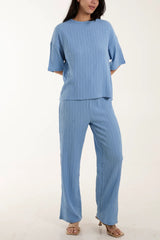 Plisse Button Back Co-ord Set Pale Blue