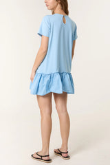 Cotton Blend Tiered Frill Mini Dress in Pale Blue