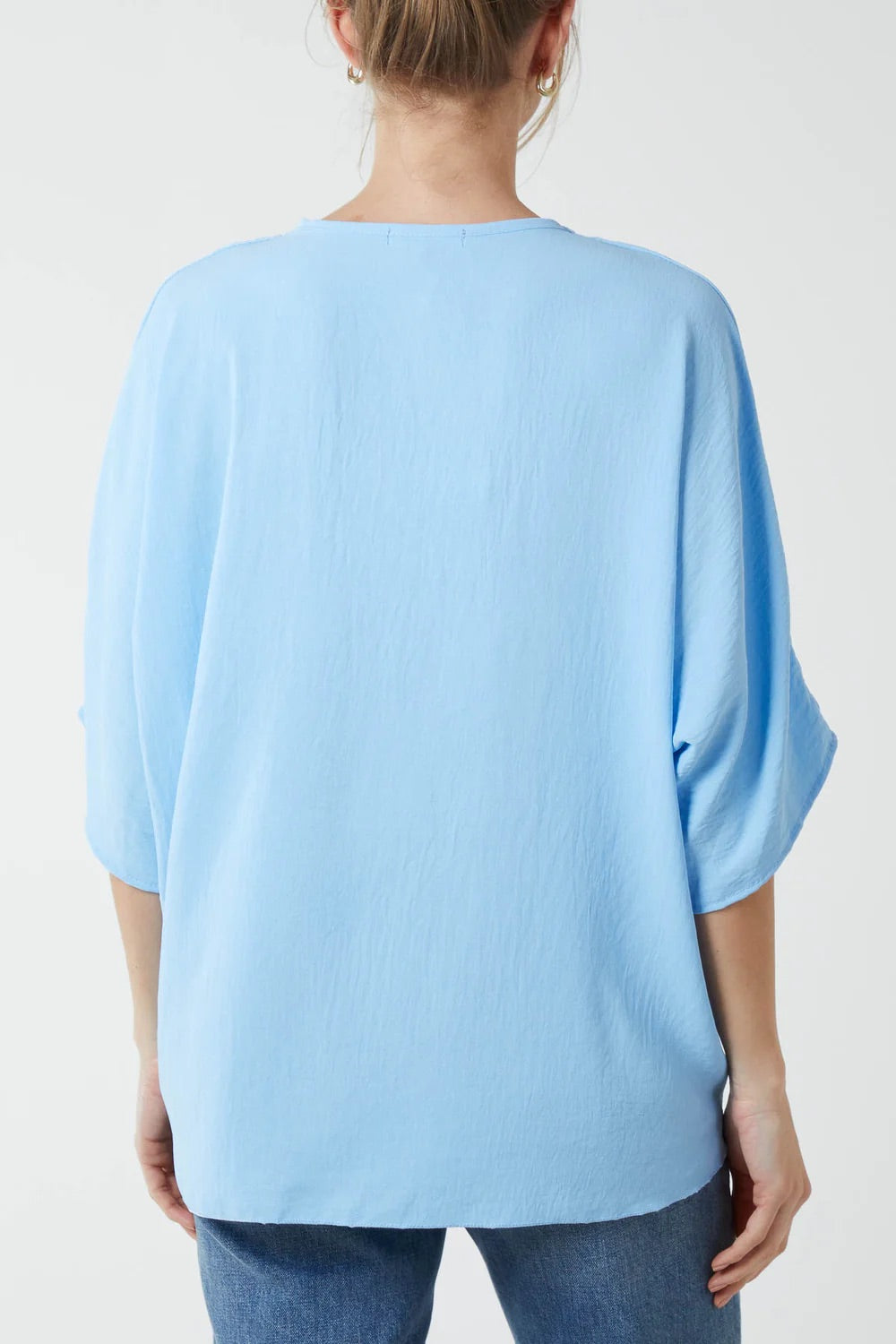 V-Neck Tie Front Blouse Half Sleeve Pale Blue