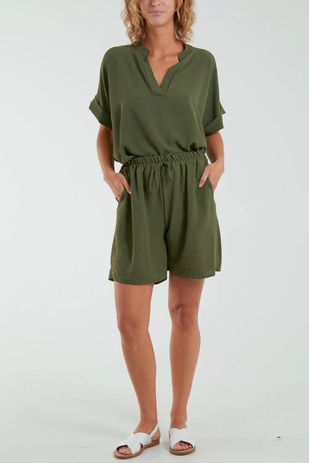V-Neck Top and Shorts Co-Ord Set in Khaki