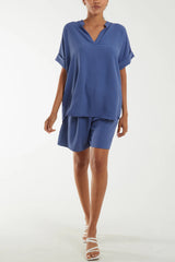 V-Neck Top and Shorts Co-Ord Set in Denim Blue