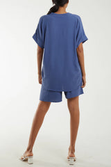 V-Neck Top and Shorts Co-Ord Set in Denim Blue