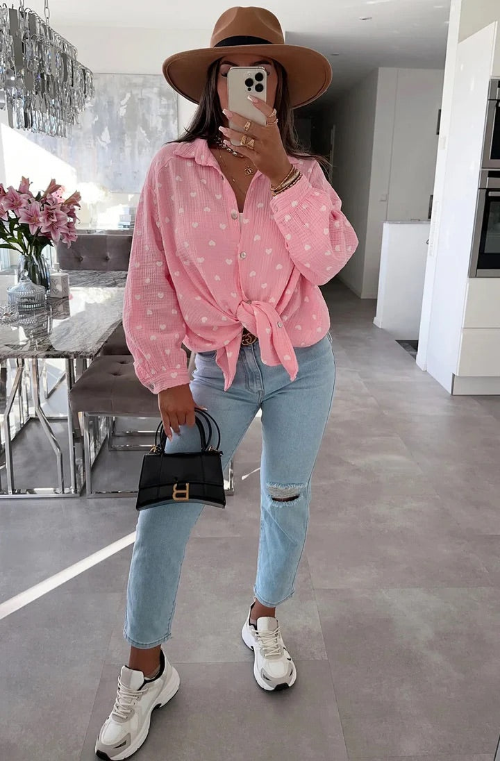 Hearts Print Oversized Cotton Shirt in Pink