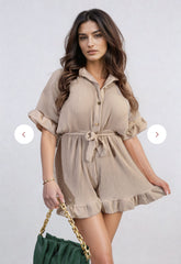 Pleated Frill Playsuit in Stone