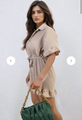 Pleated Frill Playsuit in Stone