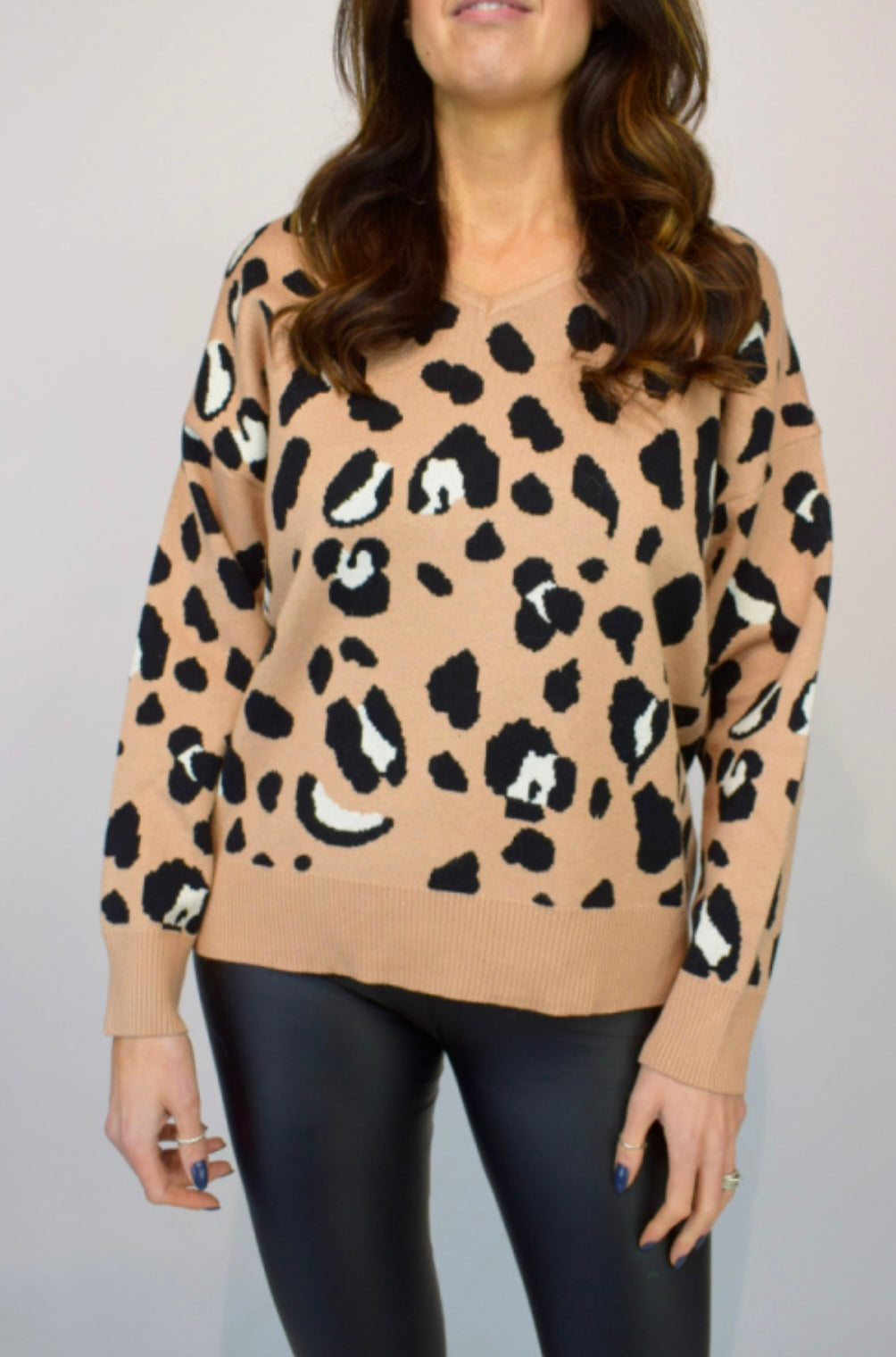 V-Neck Animal Print Jumper In Camel.