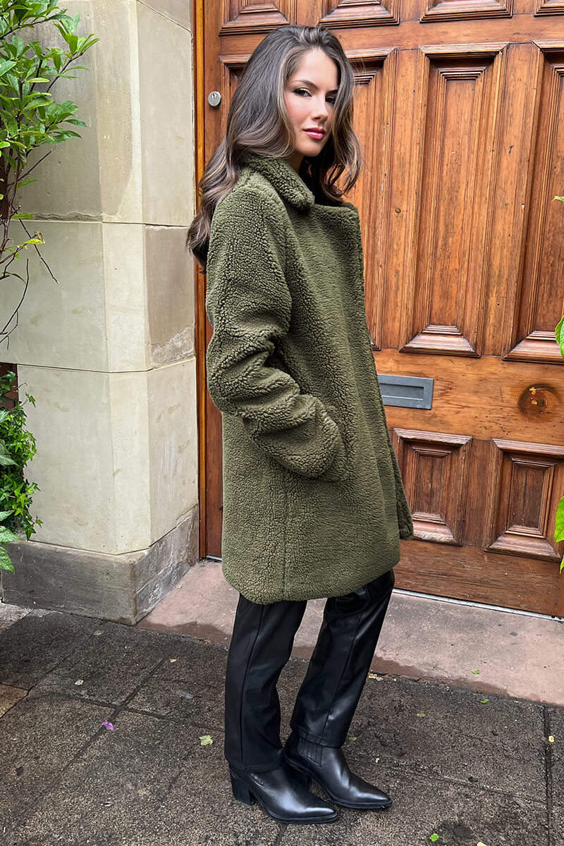 Longline Teddy Coat In Khaki