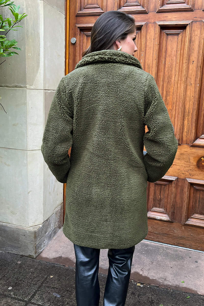 Longline Teddy Coat In Khaki