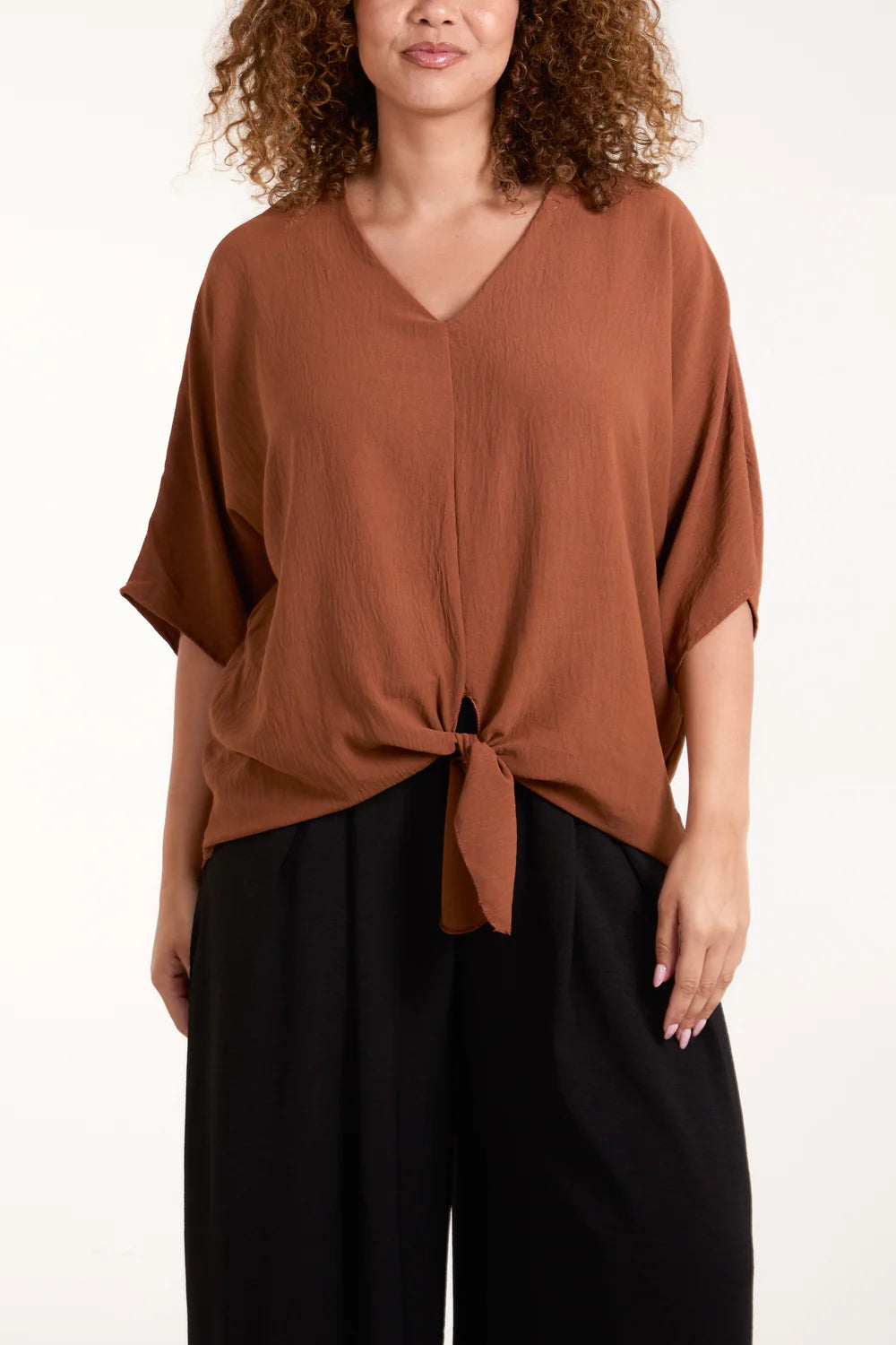 V-Neck Tie Front Blouse Half Sleeve