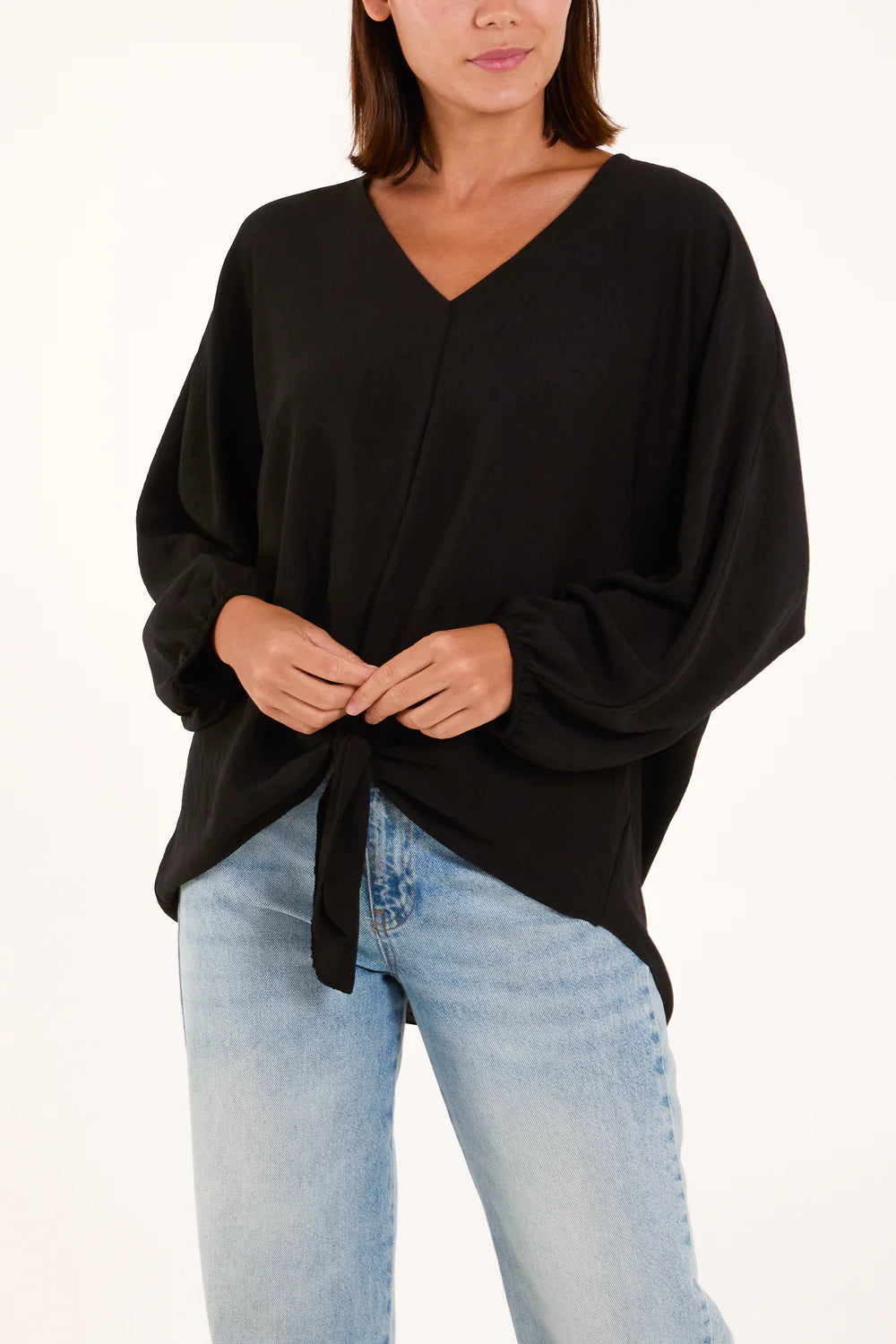 V-Neck Tie Front Blouse Long Sleeve