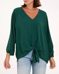 V-Neck Tie Front Blouse Long Sleeve